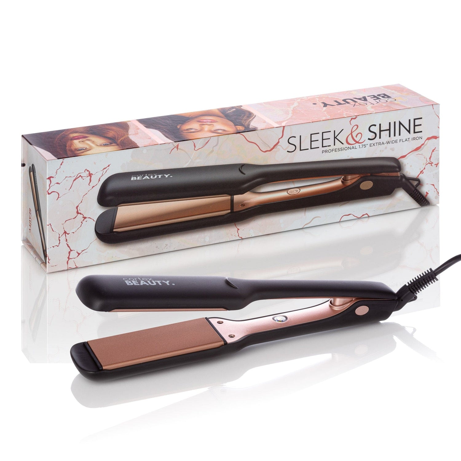 Cortex Beauty Black/Rose Gold Sleek & Shine | Professional 1.75” Wide Plate Flat Iron