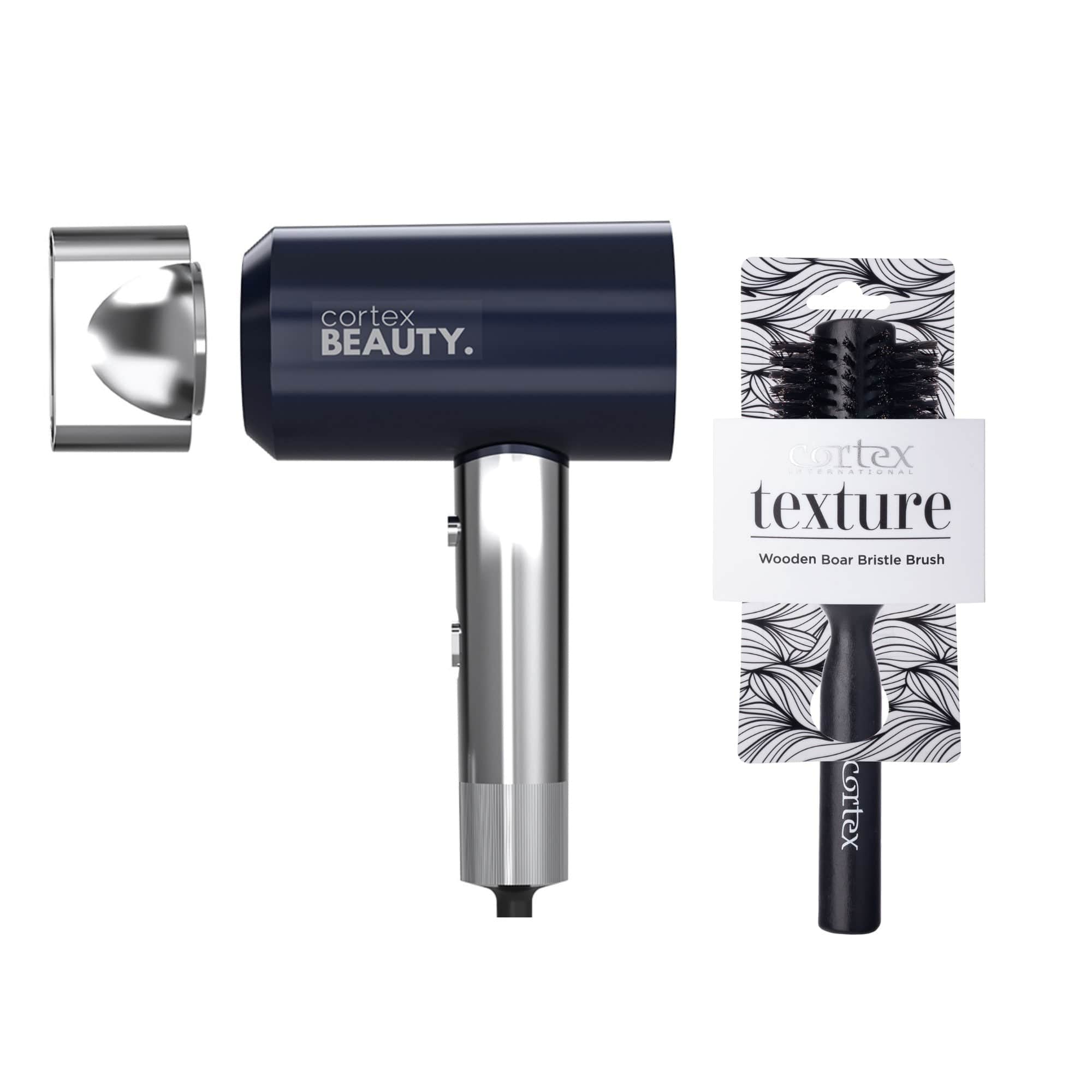 Cortex Beauty Gray/Silver HotShot | Lightweight Compact Dryer & 2.75” Boar Bristle Round Brush Set