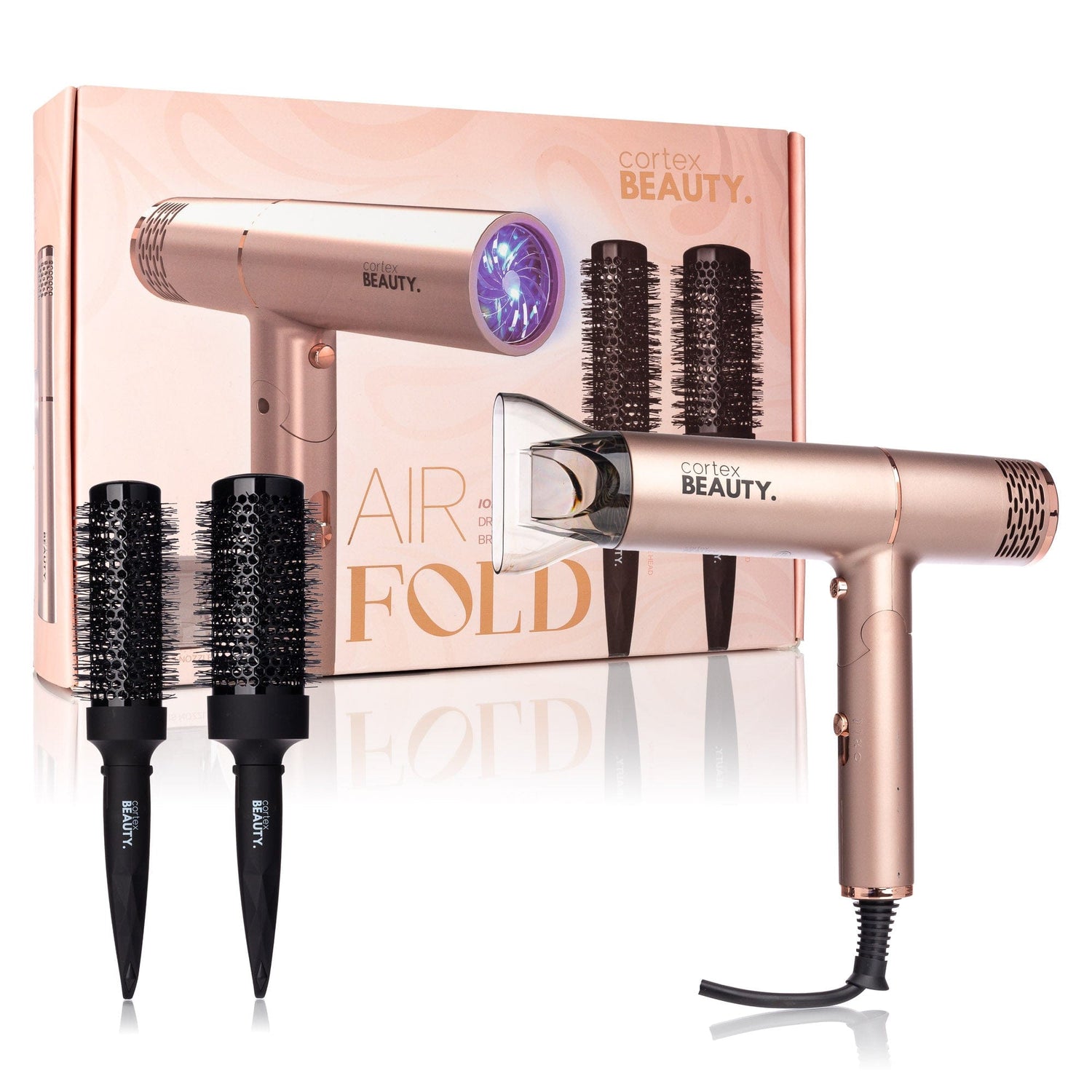 Cortex Beauty ROSEGOLD Air Fold - Ionic Foldable Dryer + 2 Piece Blowout Brush Set