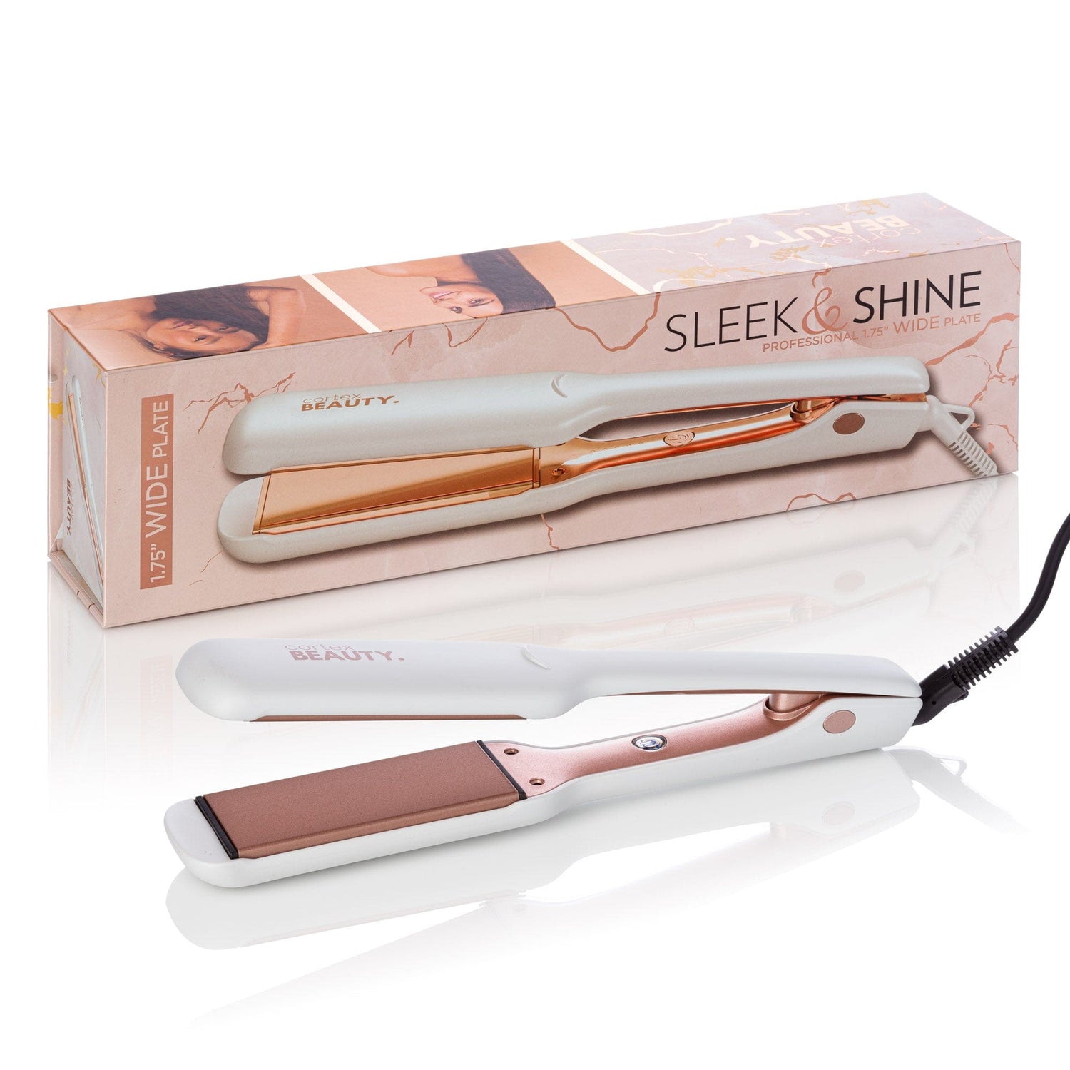 Cortex Beauty White/Rose Gold Sleek & Shine | Professional 1.75” Wide Plate Flat Iron