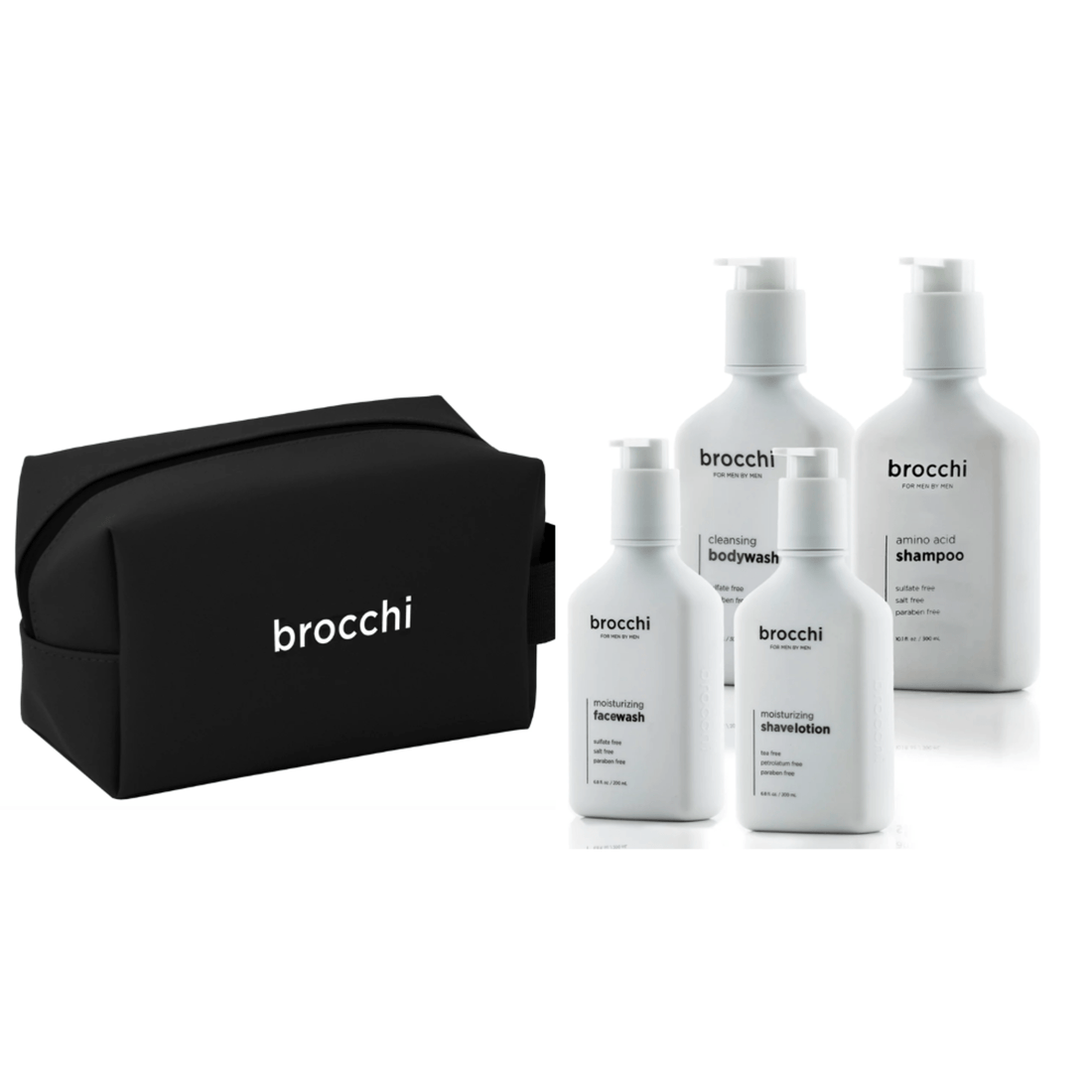 Brocchi 4-Piece Wet Set | Shampoo, Body Wash, Face Wash, & Shave Lotion + Travel Bag