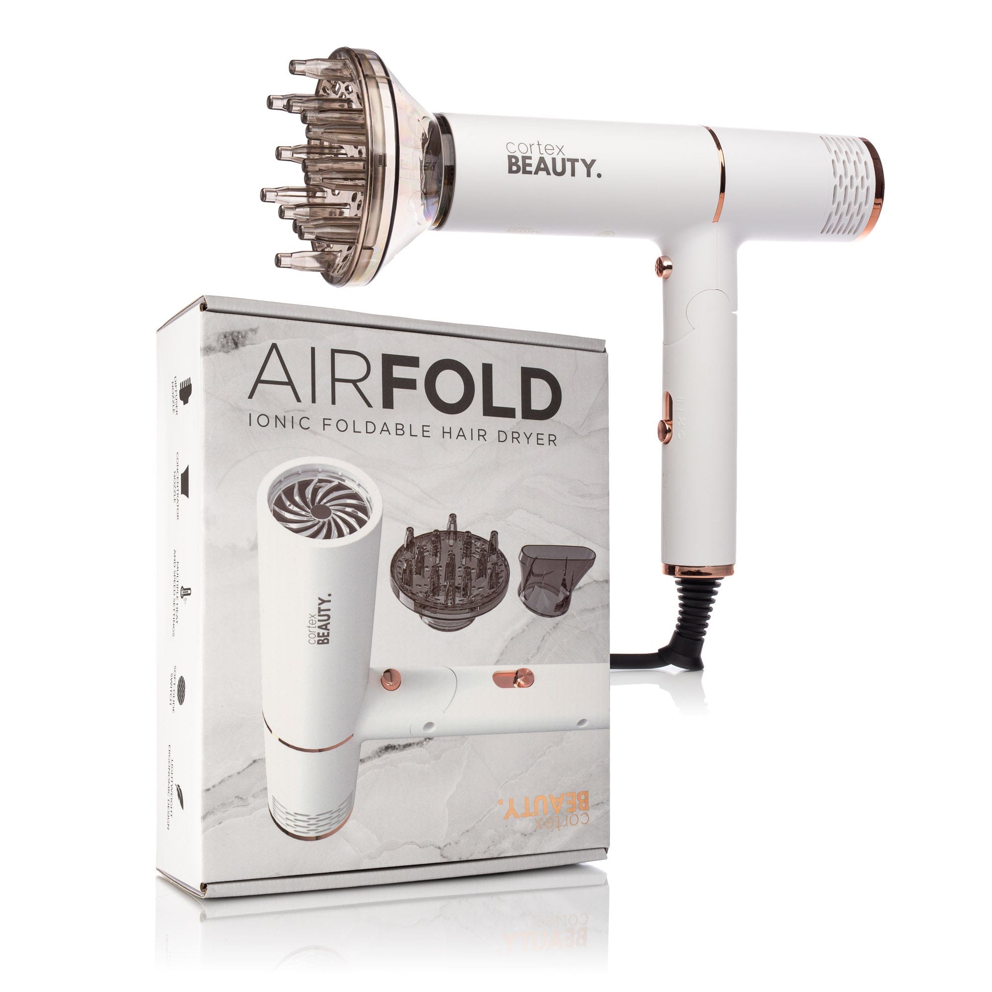 Cortex Beauty White AirFold - Ionic Foldable Dryer + Nozzle and Diffuser