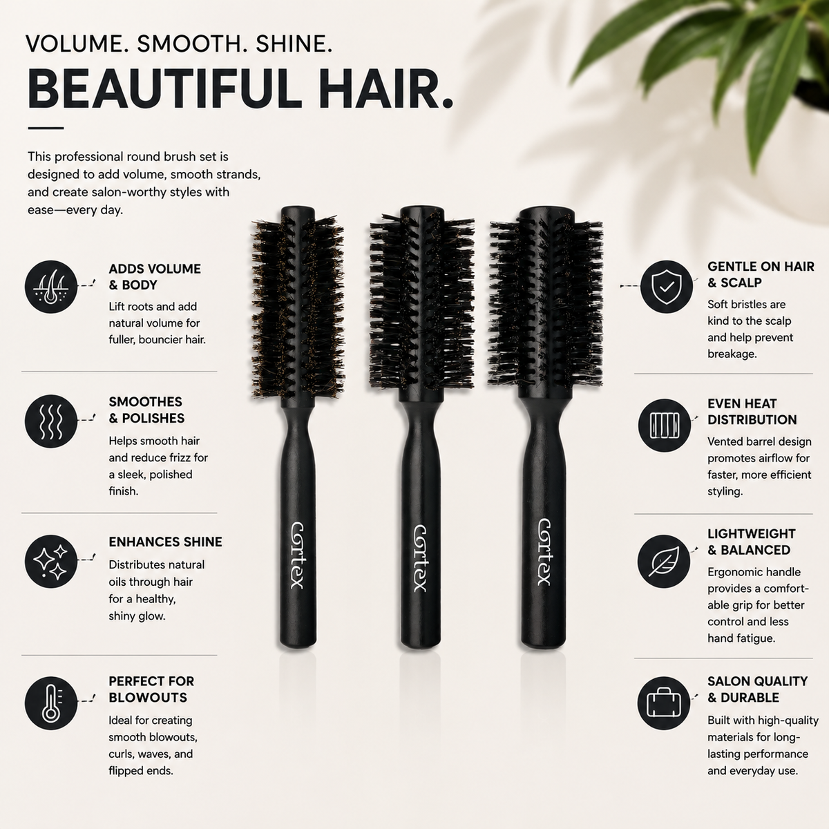 Boar Bristle Round Brush Trio
