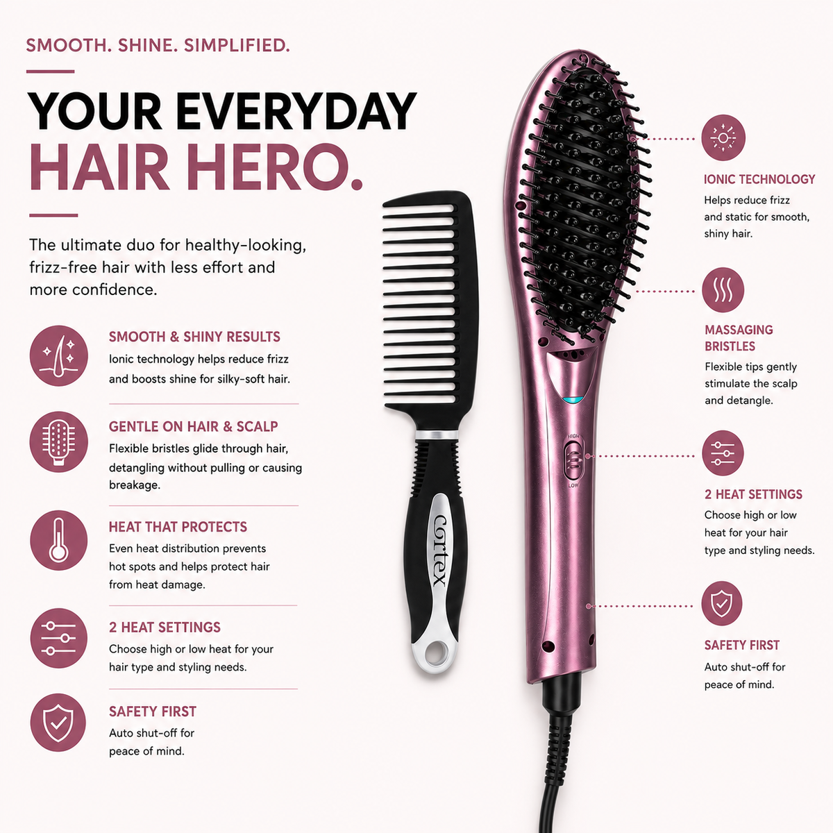 Straightening Brush & Comb Set - Blush Pink