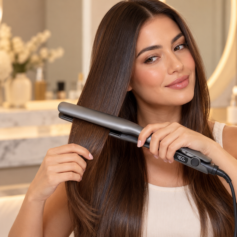 Model straightening her hair with the Gray Pressed Perfection flat iron