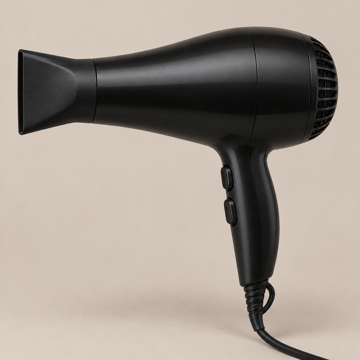 Unbranded hair dryer for comparison on a warm cream background.