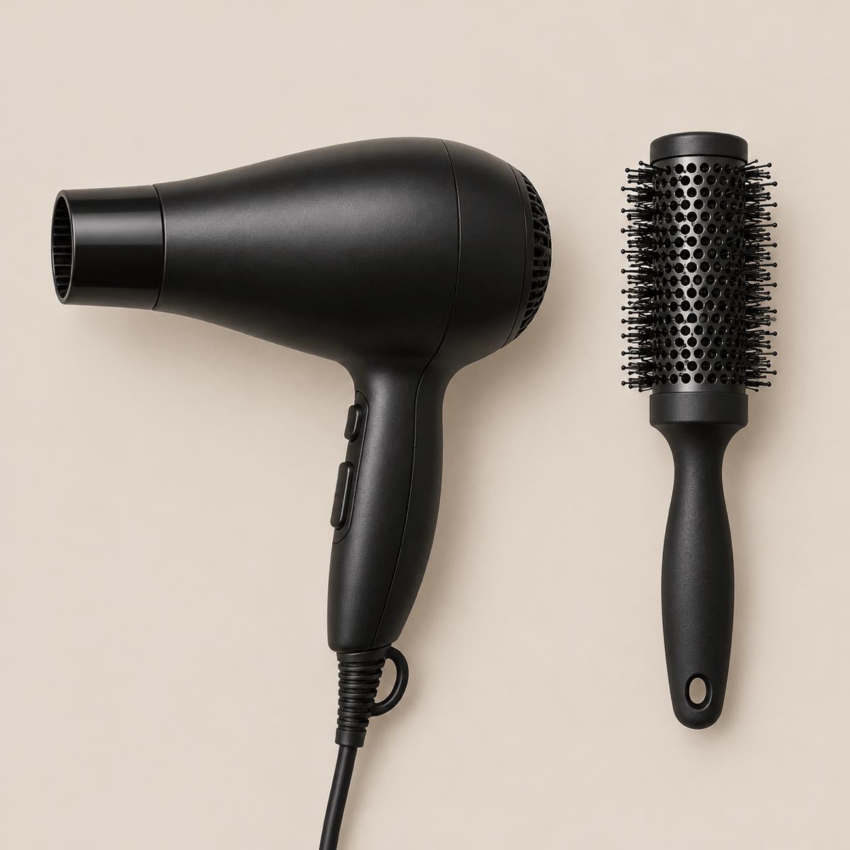 Unbranded dryer and round brush for comparison on a warm cream background.