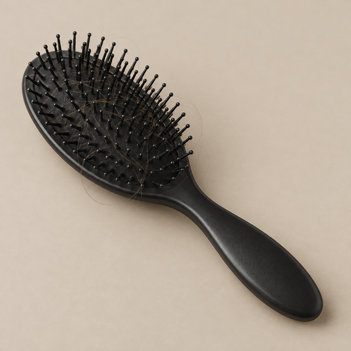 Unbranded hairbrush for comparison on a warm cream background.