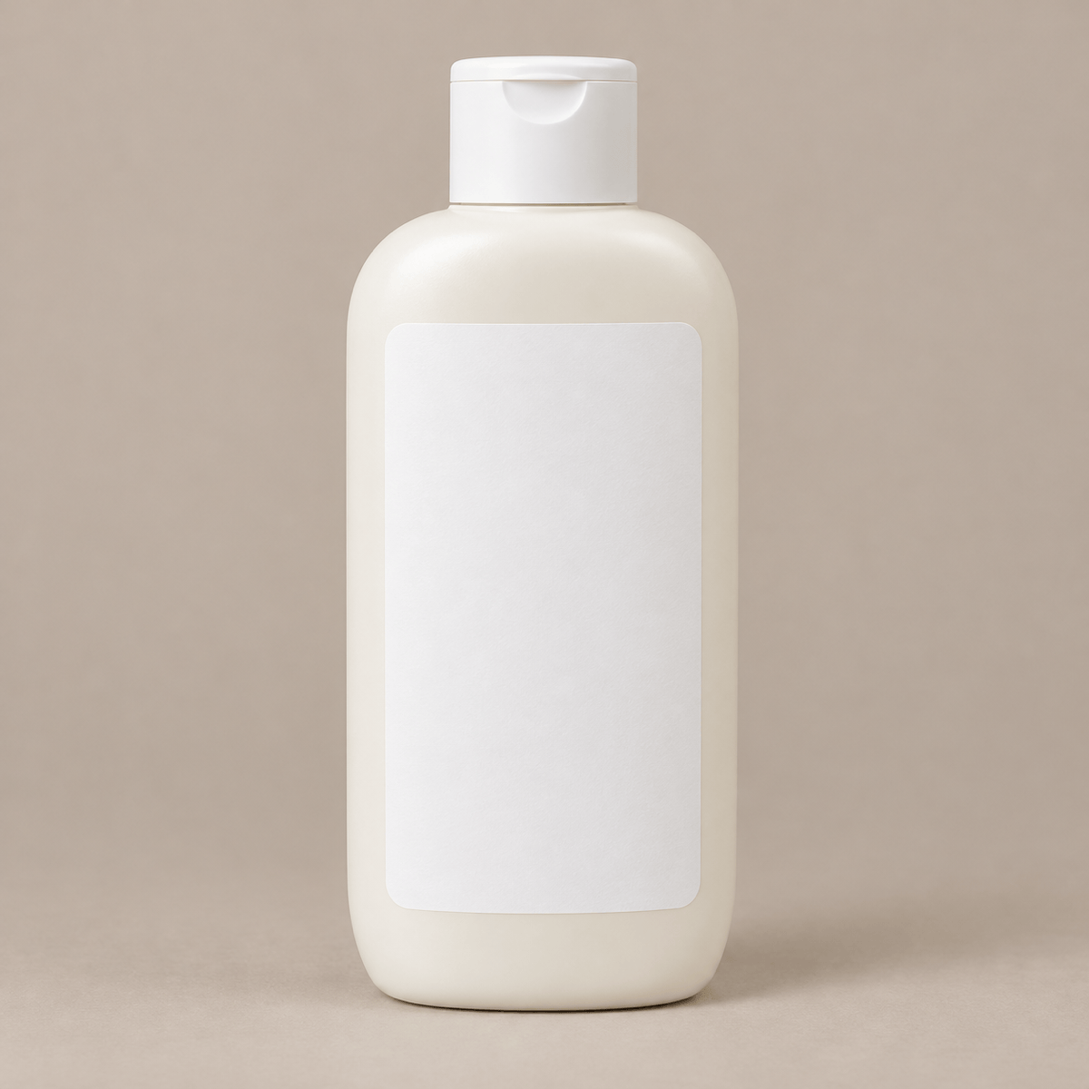 Unbranded shampoo bottle for comparison on a warm cream background.