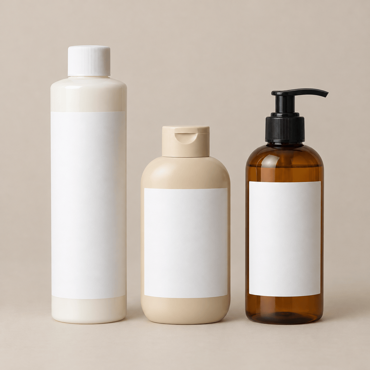 Unbranded hair-care containers for comparison on a warm cream background.