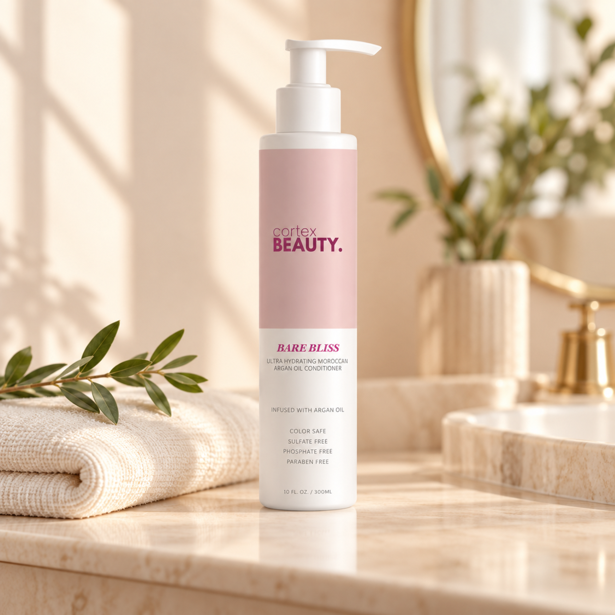 Bare Bliss | Hydrating Moroccan Argan Oil Conditioner | 10 oz on a cream bathroom vanity with a folded towel and greenery