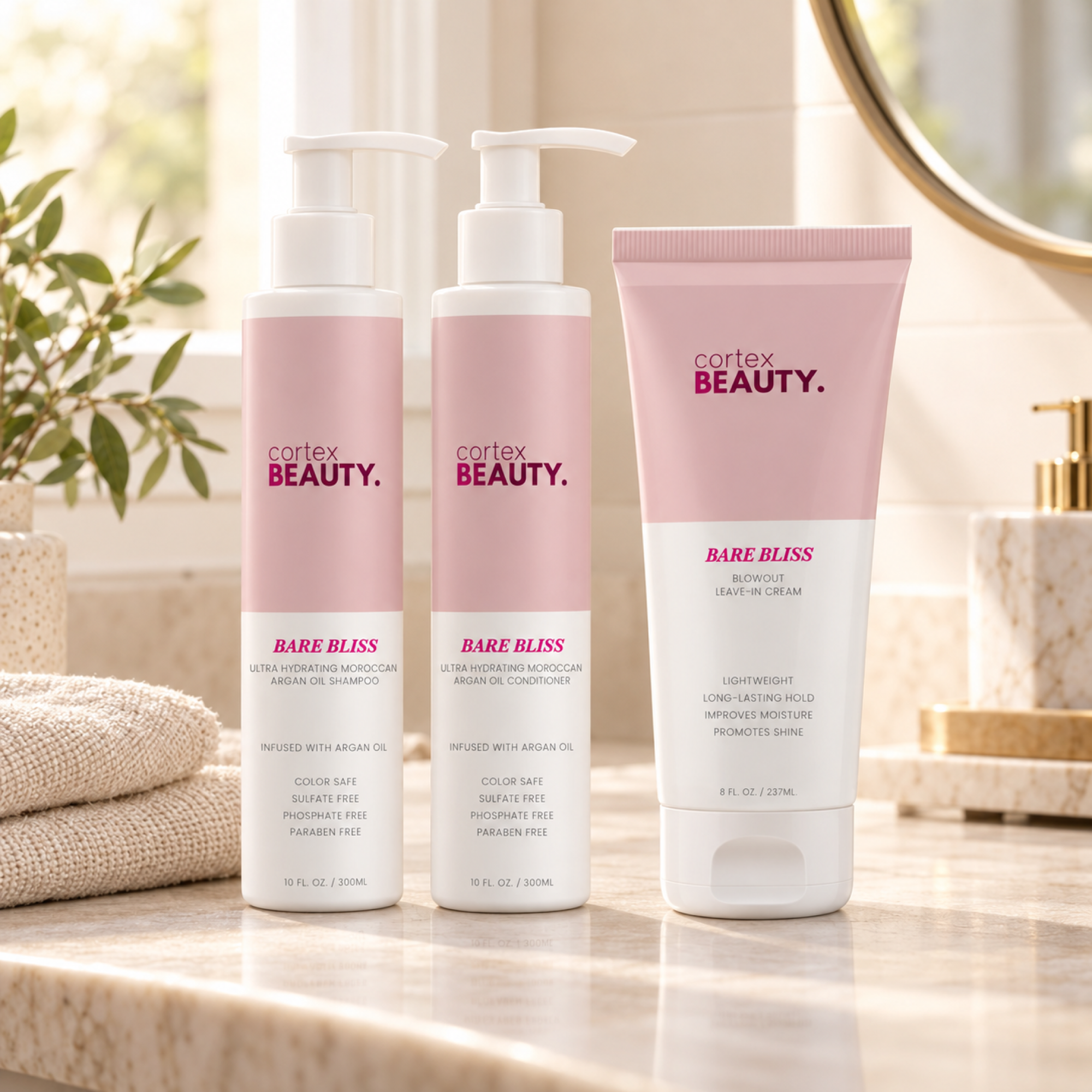 Blowout Perfect | Shampoo, Conditioner & Blowout Leave-In Cream Set on a cream bathroom vanity with a folded towel and greenery