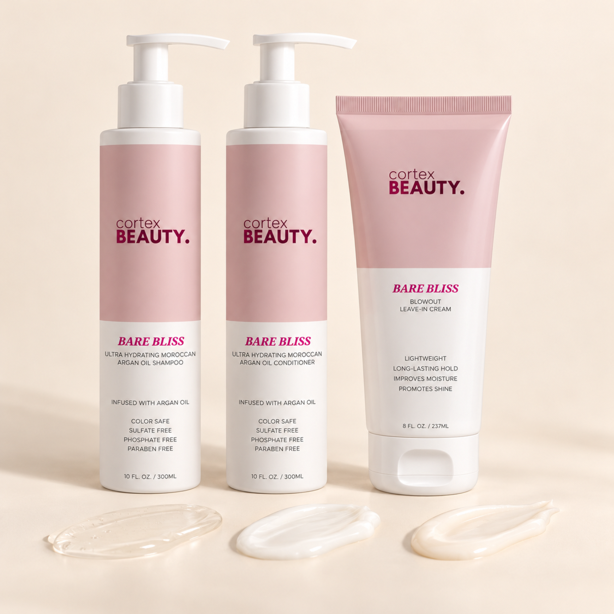 Blowout Perfect | Shampoo, Conditioner & Blowout Leave-In Cream Set with a formula texture swatch on a cream surface