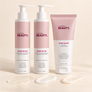 Blowout Perfect | Shampoo, Conditioner & Blowout Leave-In Cream Set with a formula texture swatch on a cream surface