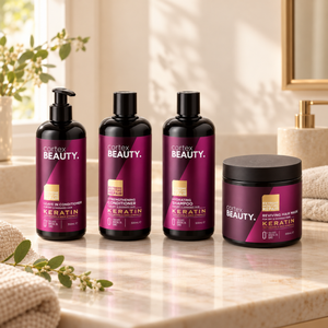 Keratin | Shampoo, Conditioner, Leave-In Conditioner & Hair Mask Set on a cream bathroom vanity with a folded towel and greenery