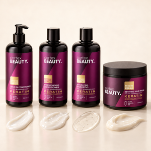 Keratin | Shampoo, Conditioner, Leave-In Conditioner & Hair Mask Set with a formula texture swatch on a cream surface