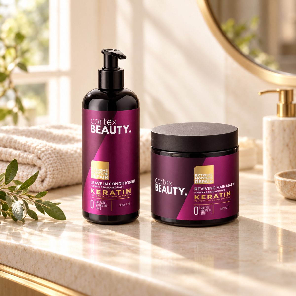 Keratin | Leave-In Conditioner & Reviving Hair Mask Set on a cream bathroom vanity with a folded towel and greenery