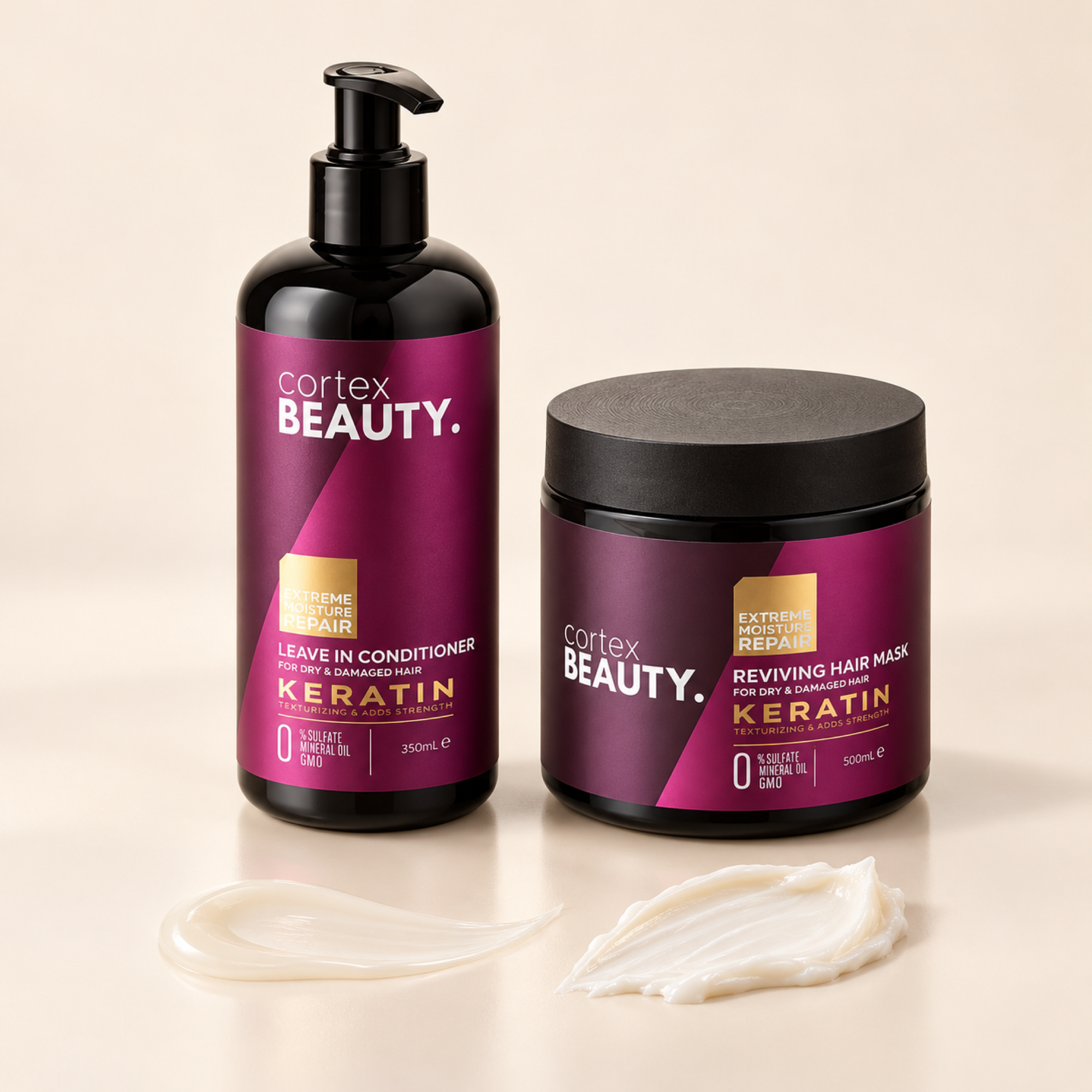 Keratin | Leave-In Conditioner & Reviving Hair Mask Set with a formula texture swatch on a cream surface