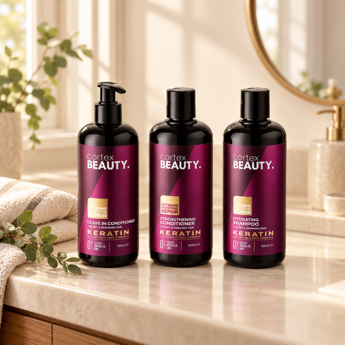 Keratin | Shampoo, Conditioner & Leave-In Conditioner Set on a cream bathroom vanity with a folded towel and greenery