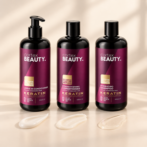 Keratin | Shampoo, Conditioner & Leave-In Conditioner Set with a formula texture swatch on a cream surface