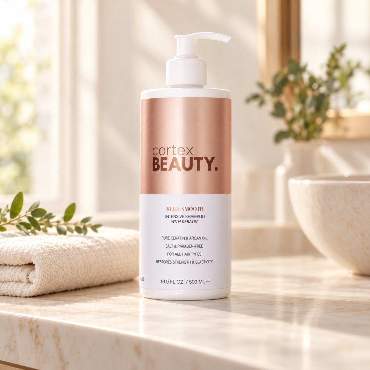 Pure Keratin Shampoo in a warm cream styling setting