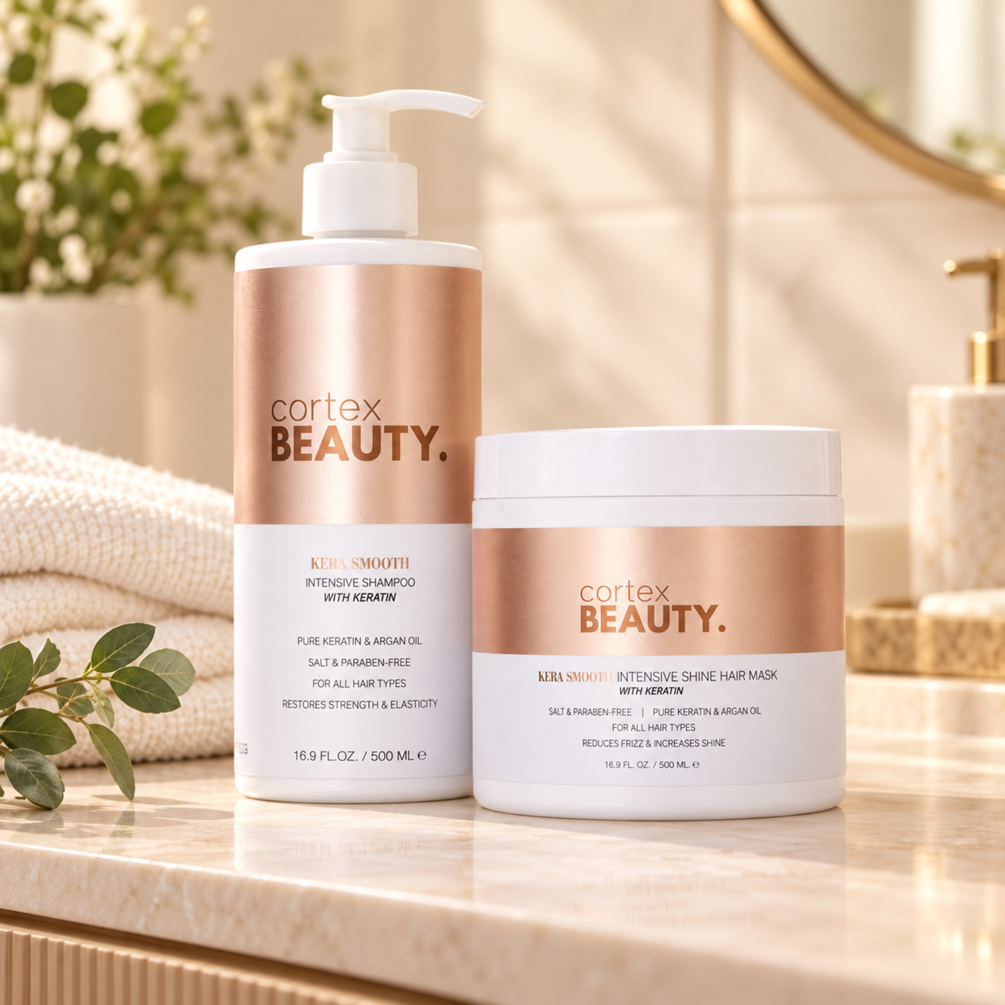 Pure Keratin | Intensive Shampoo & Hair Mask Set — in a warm cream styling setting