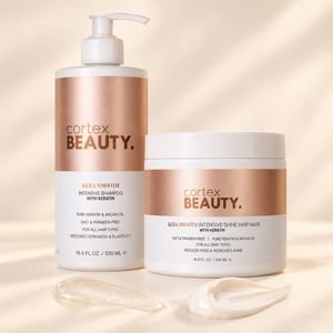 Pure Keratin | Intensive Shampoo & Hair Mask Set — product detail on a warm cream surface
