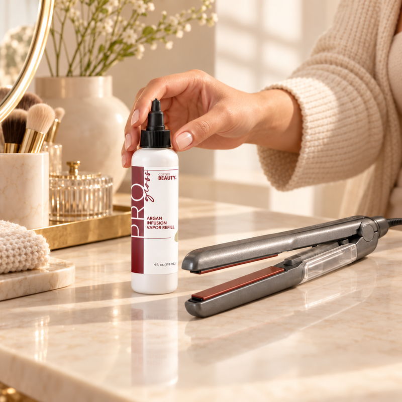 Argan Oil Refill | 4 oz — in a warm cream styling setting