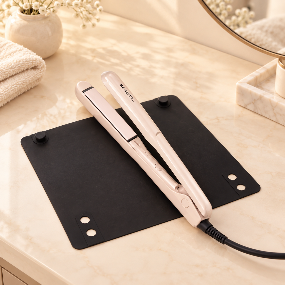 Heat Mat | Surface Protector — in a warm cream styling setting