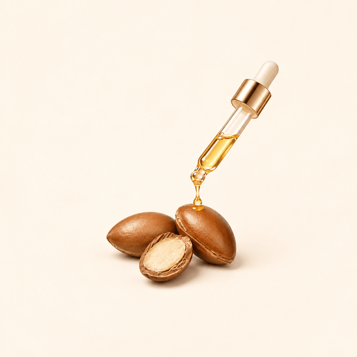 Golden argan oil with argan stones and kernels on a warm cream background.