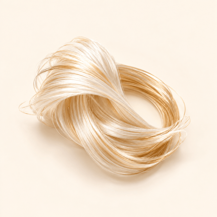 Silky cream and gold strands representing keratin protein.