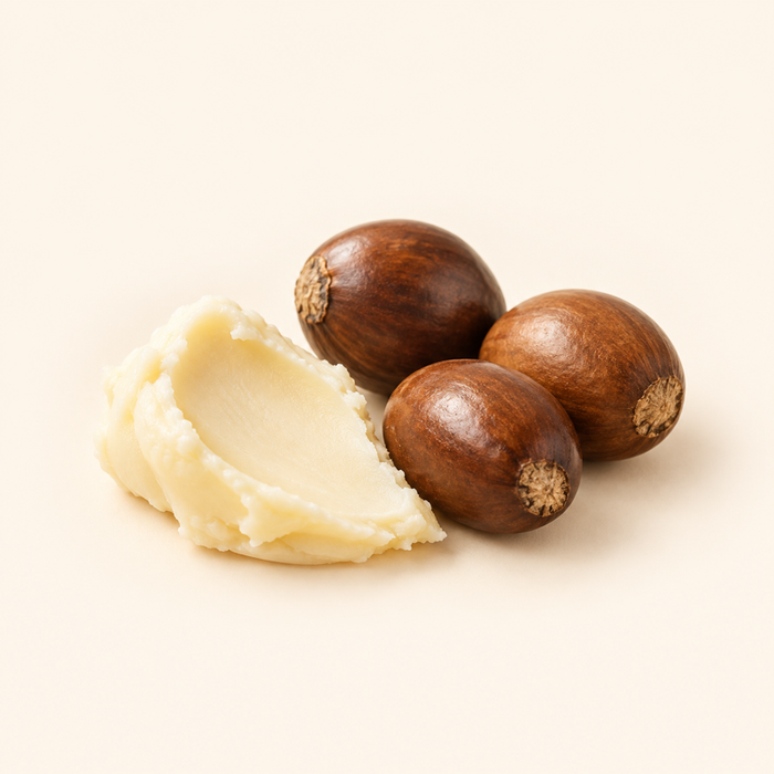 Creamy shea butter beside whole brown shea seeds.
