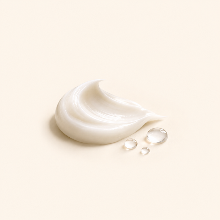 White cream swirl and clear droplets representing panthenol.