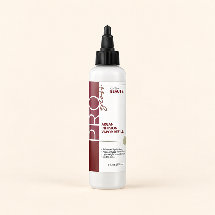 Cortex argan infusion vapor refill bottle on a warm cream background.