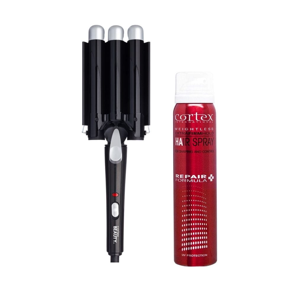 Cortex Beauty Black TrebleMaker | 3-Barrel Waver &amp; Hairspray Set