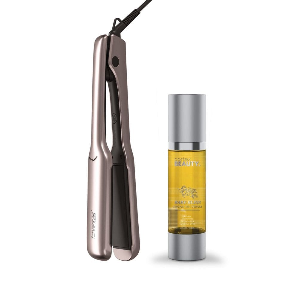 Cortex Beauty Champagne MegaPlate | Professional 1.75” Wide Plate Flat Iron & Argan Oil Set