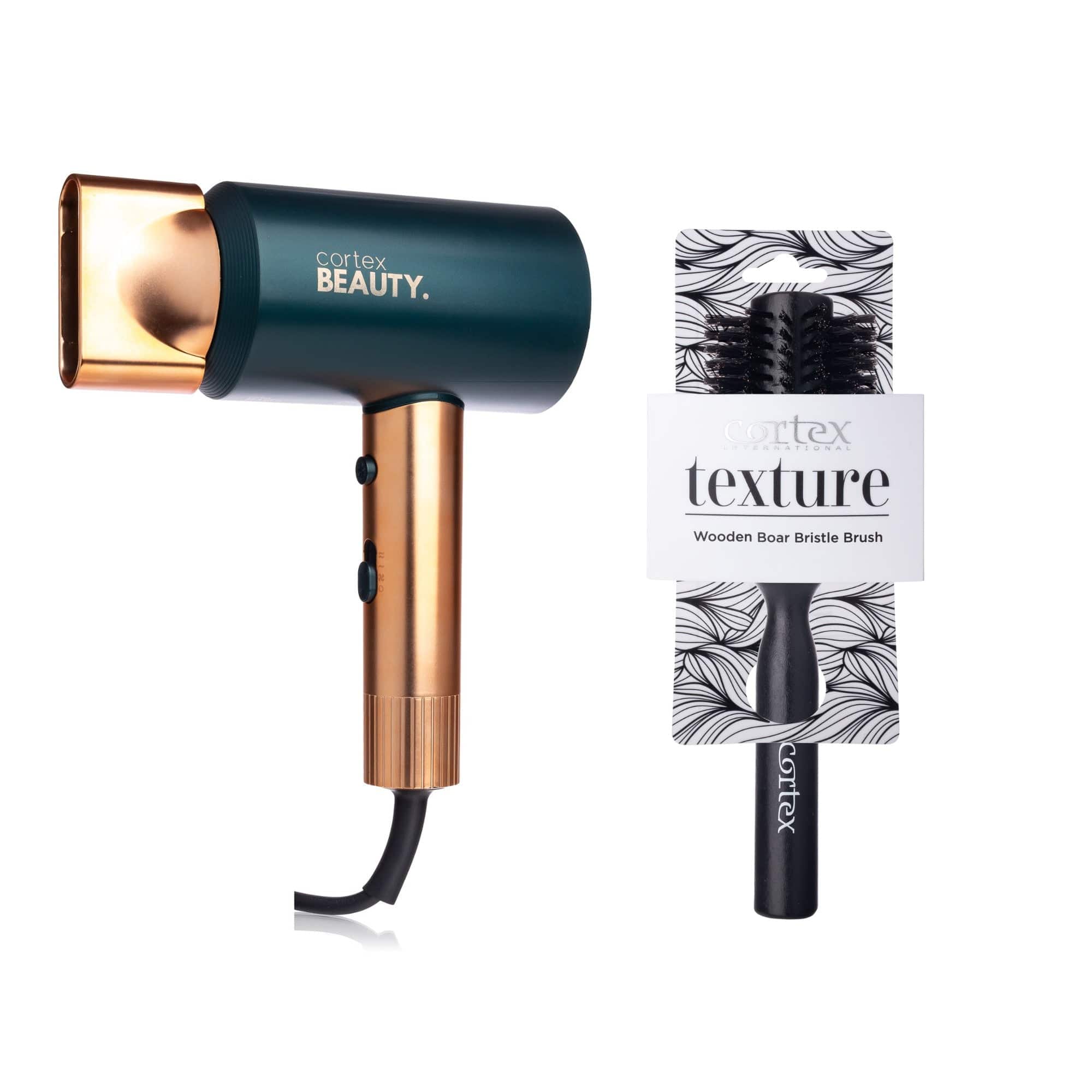 Cortex Beauty HotShot | Lightweight Compact Dryer & 2.75” Boar Bristle Round Brush Set