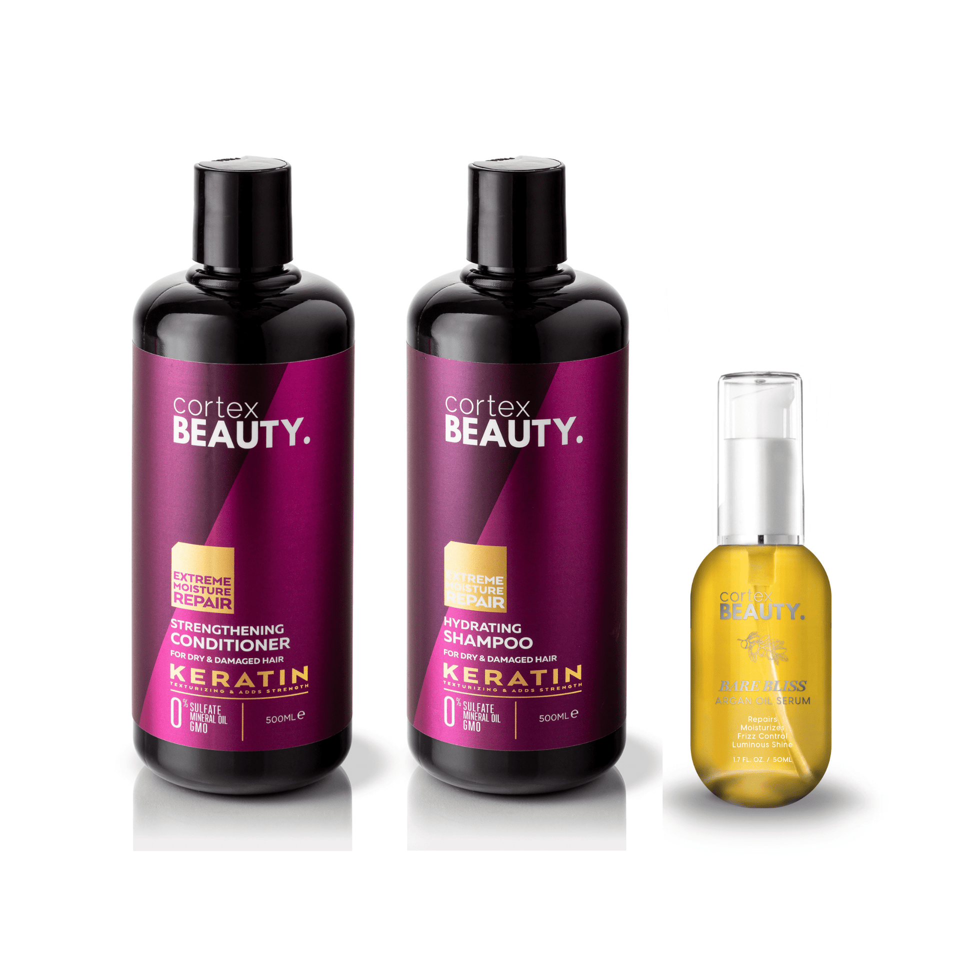 Cortex Beauty Keratin Hydrating Shampoo, Strengthening Conditioner, and Argan Oil Set