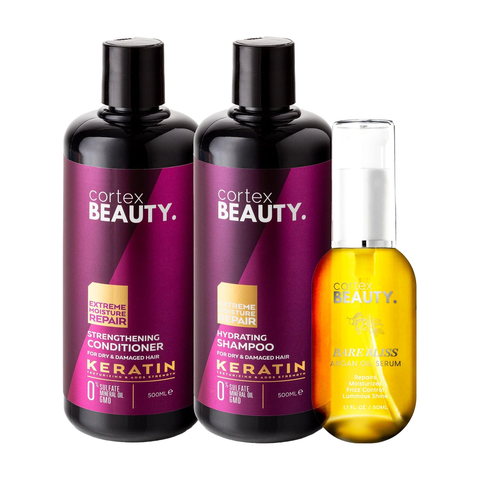 Cortex Beauty Keratin Hydrating Shampoo, Strengthening Conditioner, and Argan Oil Set