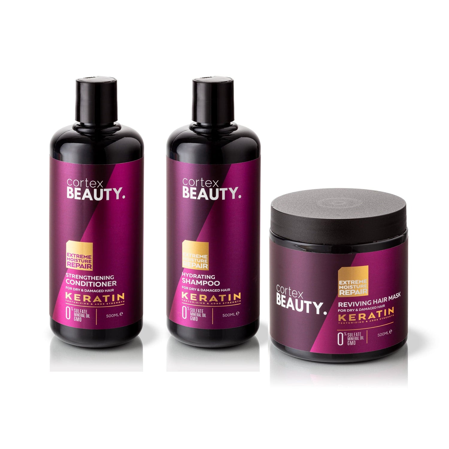 Cortex Beauty Keratin Hydrating Shampoo, Strengthening Conditioner, and Reviving Hair Mask Set