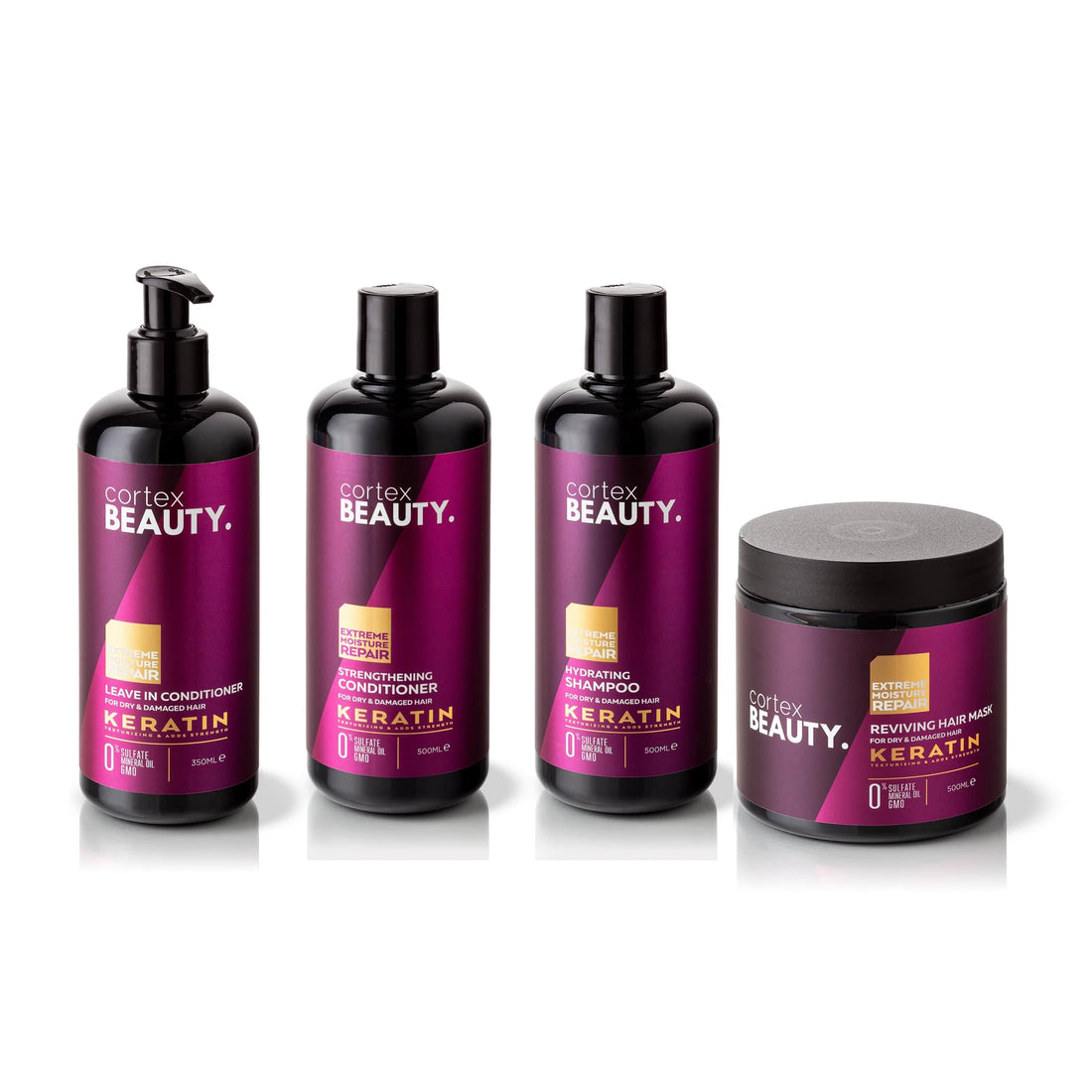 Cortex Beauty Keratin Hydrating Shampoo, Strengthening Conditioner, Leave in Conditioner, and Reviving Hair Mask Set