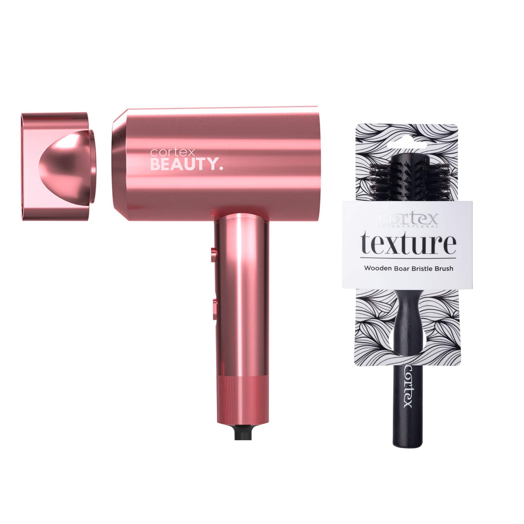 Cortex Beauty Pink Metallic HotShot | Lightweight Compact Dryer &amp; 2.75” Boar Bristle Round Brush Set