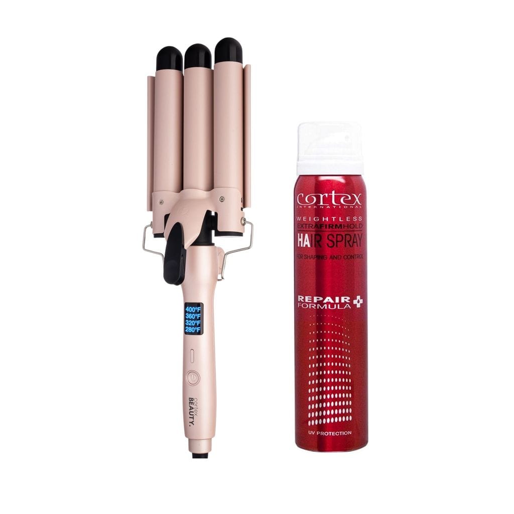 Cortex Beauty Pink Valentine TrebleMaker | 3-Barrel Waver &amp; Hairspray Set