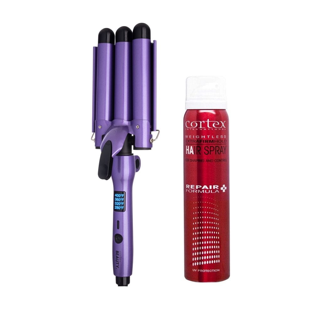 Cortex Beauty Purple TrebleMaker | 3-Barrel Waver &amp; Hairspray Set