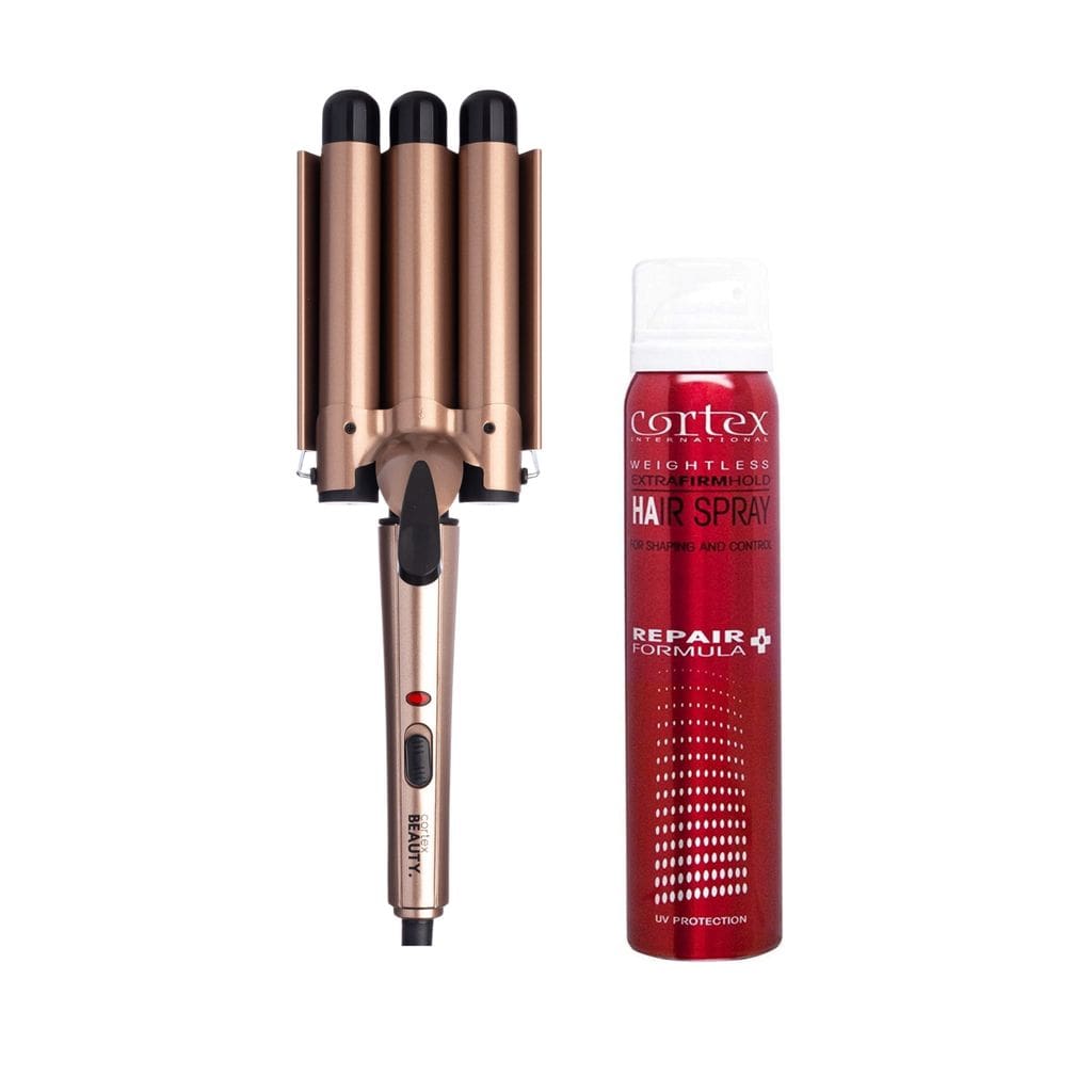 Cortex Beauty Rose Gold TrebleMaker | 3-Barrel Waver &amp; Hairspray Set