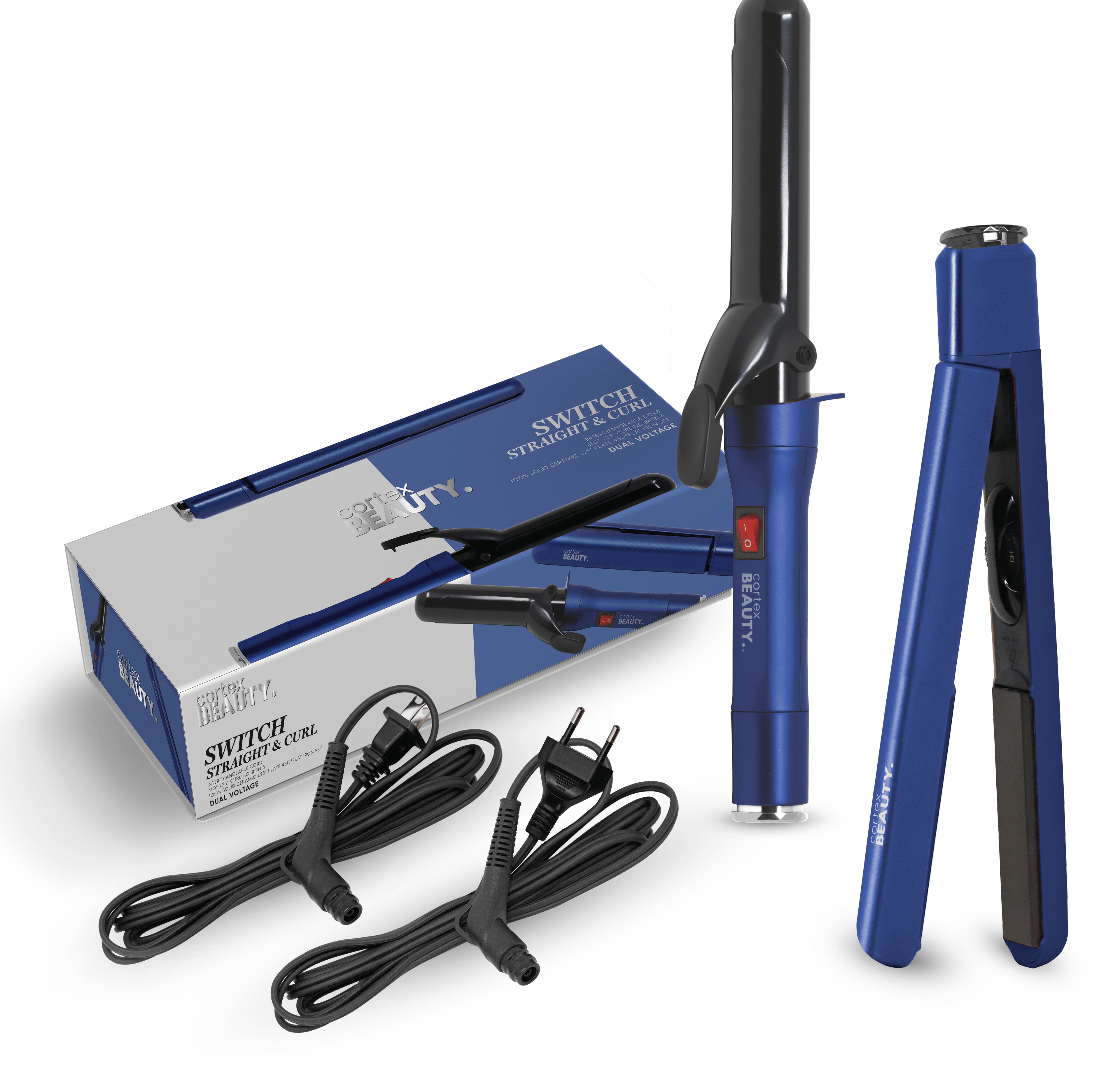 Switch Straight Curl 2 IN 1 Dual Voltage Professional Interchangeable Cord Curling Flat Iron Set USA Euro Cords