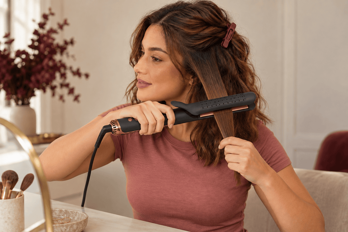 AirGlider | 2-in-1 Cool Air Flat Iron &amp; Curler, Black Rosegold, Technique sequence: three frames