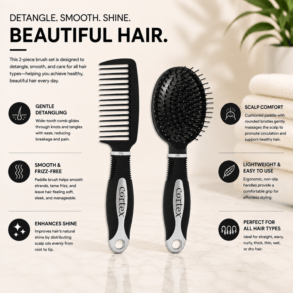 Cortex Paddle Brush & Wide Tooth Comb Set