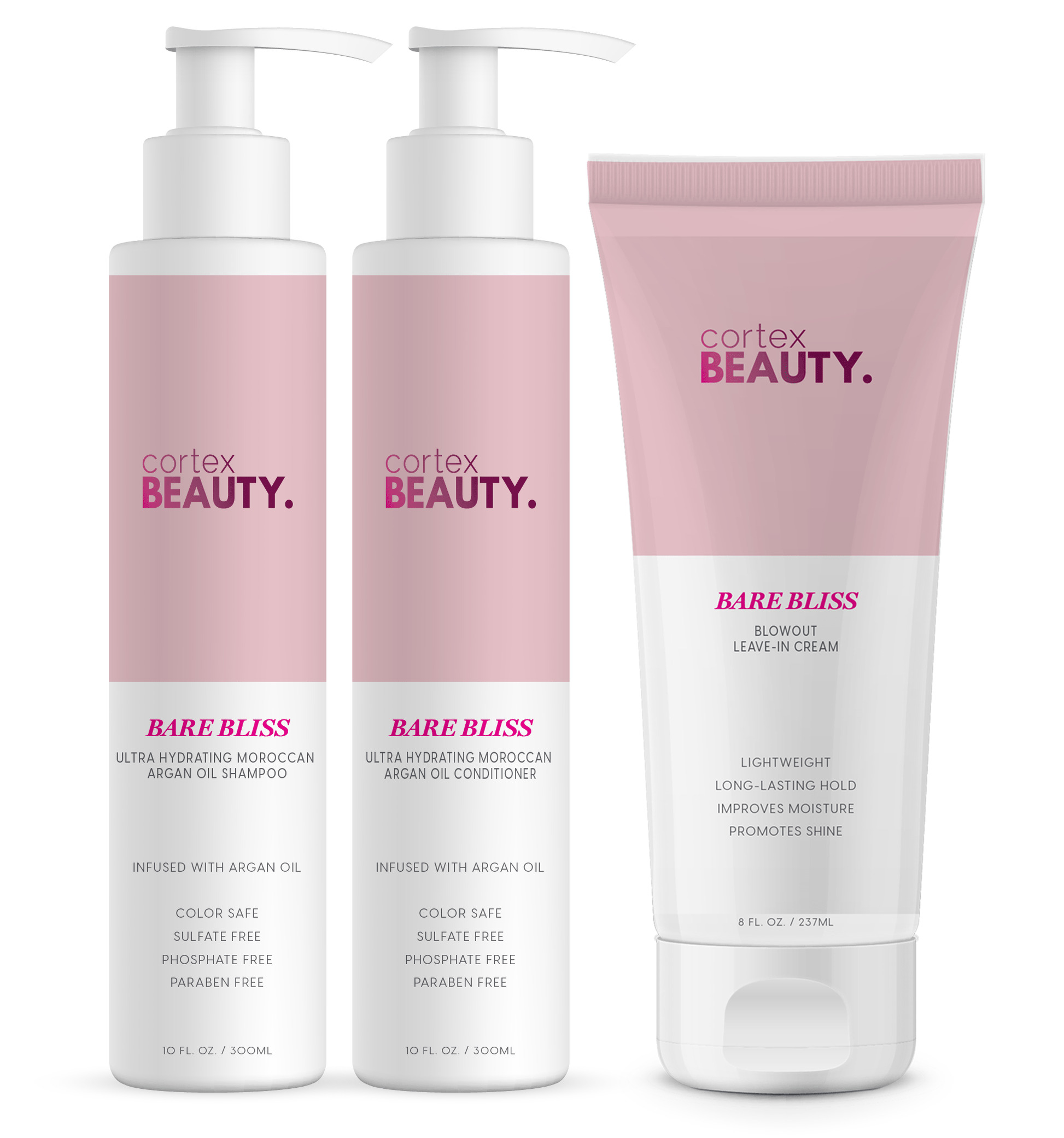 Cortex Beauty Bare Bliss Shampoo, Conditioner & Blowout Leave In Cream Bundle