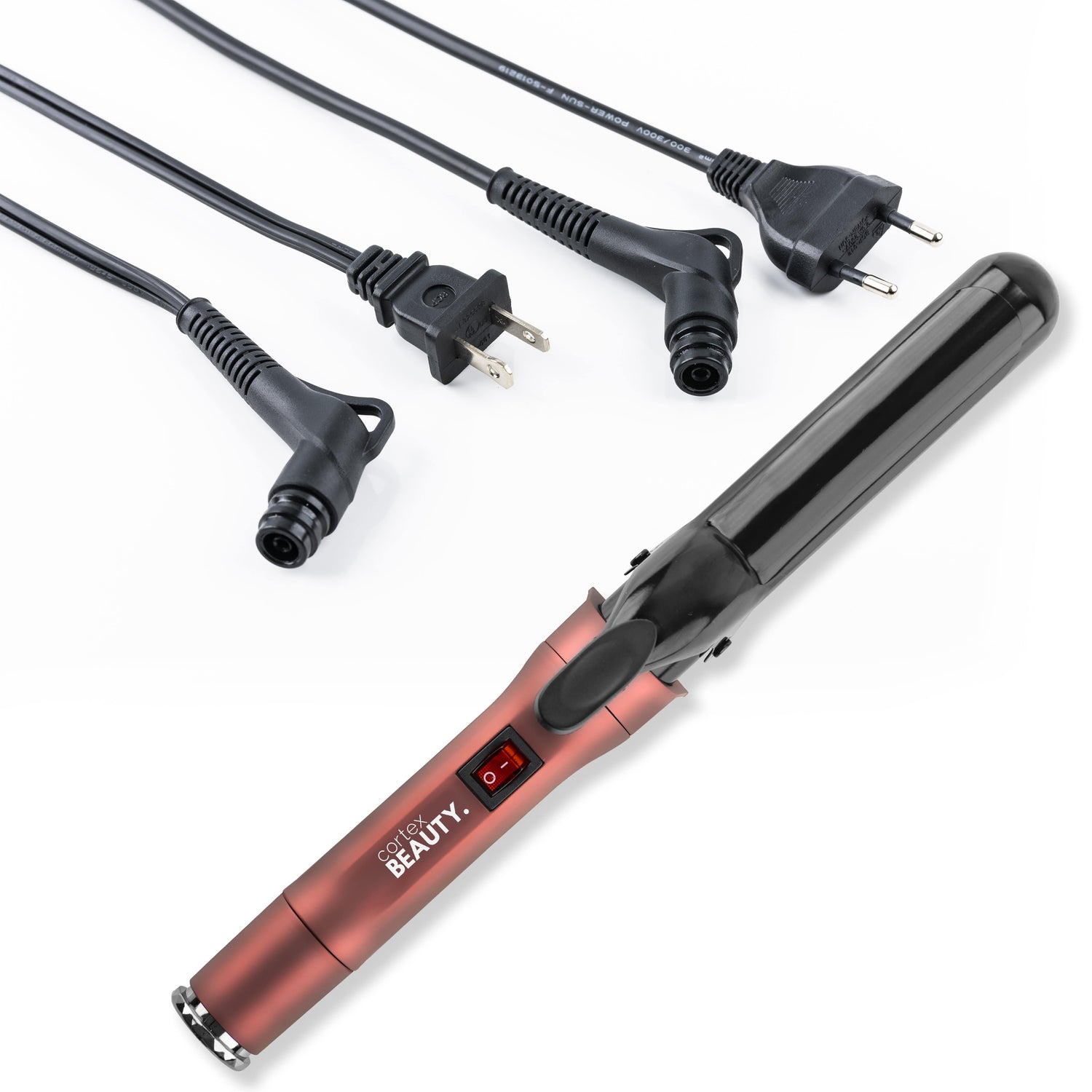 Cortex Beauty Crimson Travel Perfect Dual Voltage SWITCH Professional Interchangeable Cord Curling Iron - USA &amp; Euro Cord